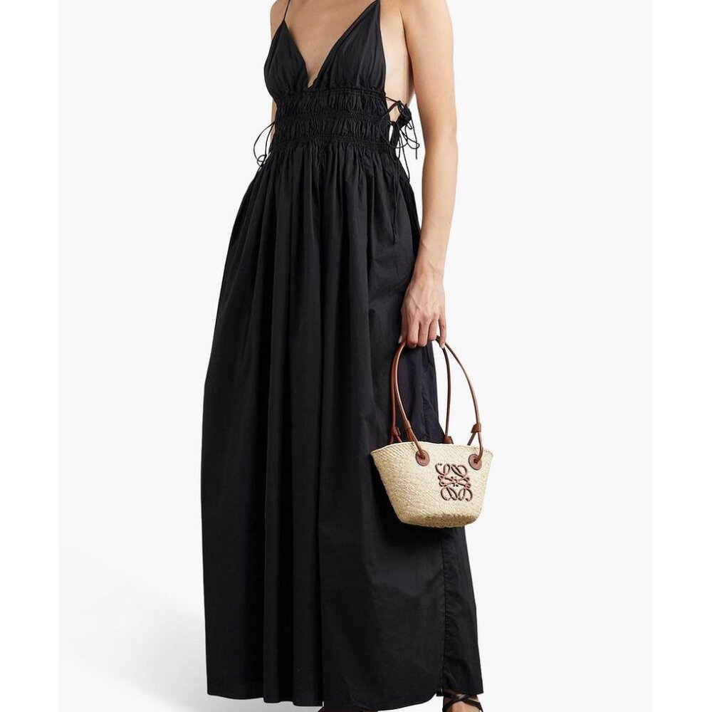 Matteau Tie-detailed Shirred Organic Cotton-poplin Maxi Dress. Size 1. NWT